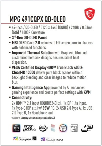 MSI анонсировала MPG 491CQPX